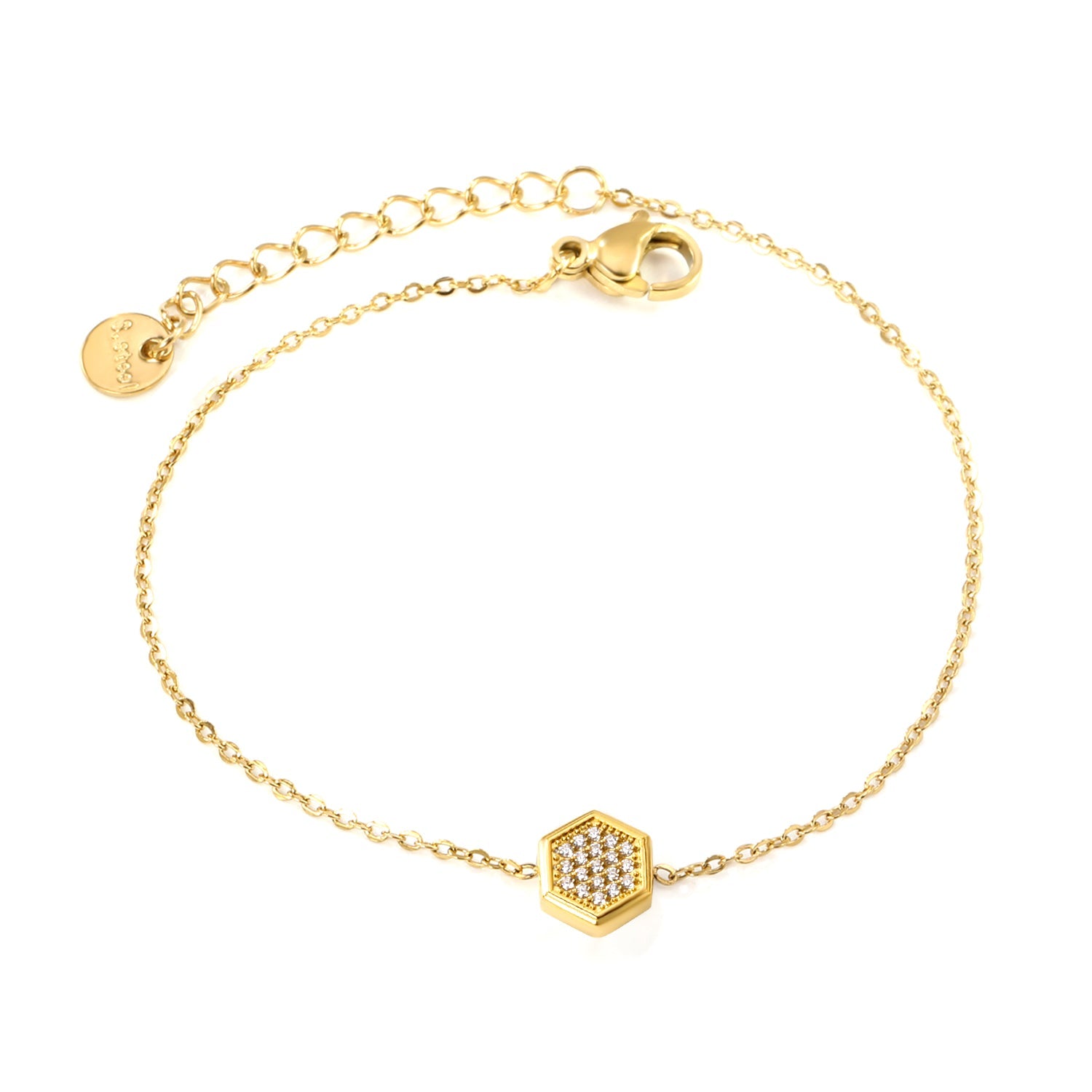 7.8 x 8.6mm raised edge hexagonal CNC white zirconium 0.3 cross chain bracelet 18+3cm+6mm round pendant Steel color/Gold color asonjewelry